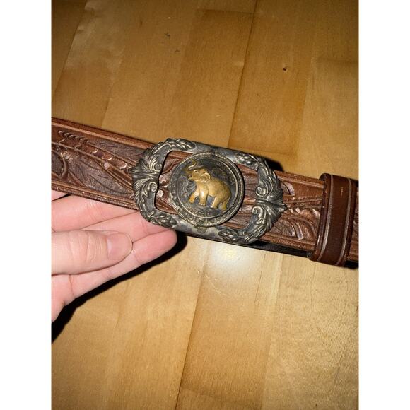 VTG Sean Whelan Embroidered Brown Leather Belt Elephant Buckle L